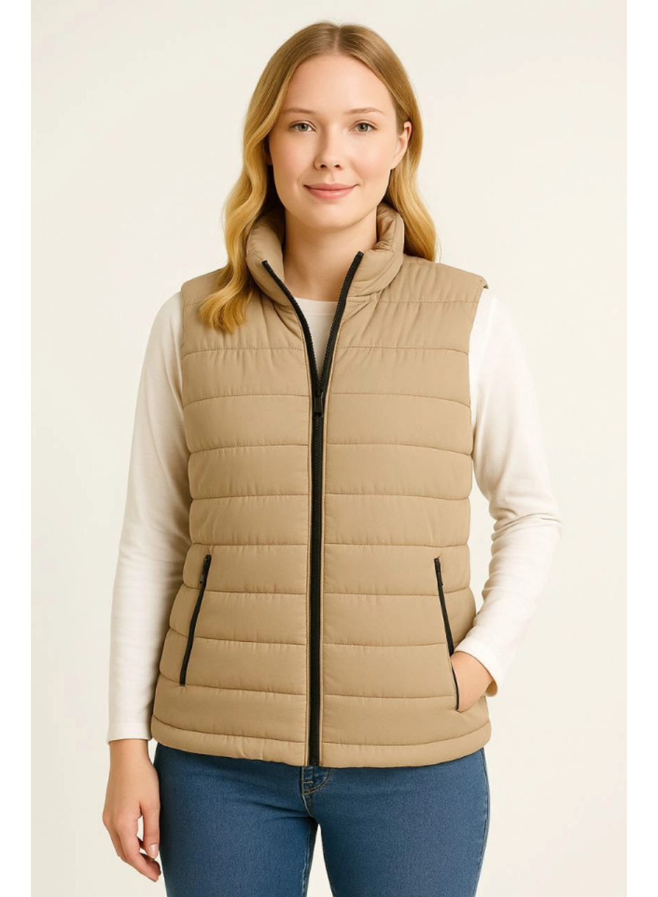 Şişme Fermuarlı Yelek Su Itici Kapitone Astarlı Kumaş Cepli Hafif Kışlık Spor Rahat Kalıp - Bej