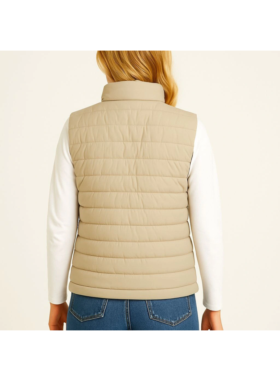 Şişme Fermuarlı Yelek Su Itici Kapitone Astarlı Kumaş Cepli Hafif Kışlık Spor Rahat Kalıp - Bej