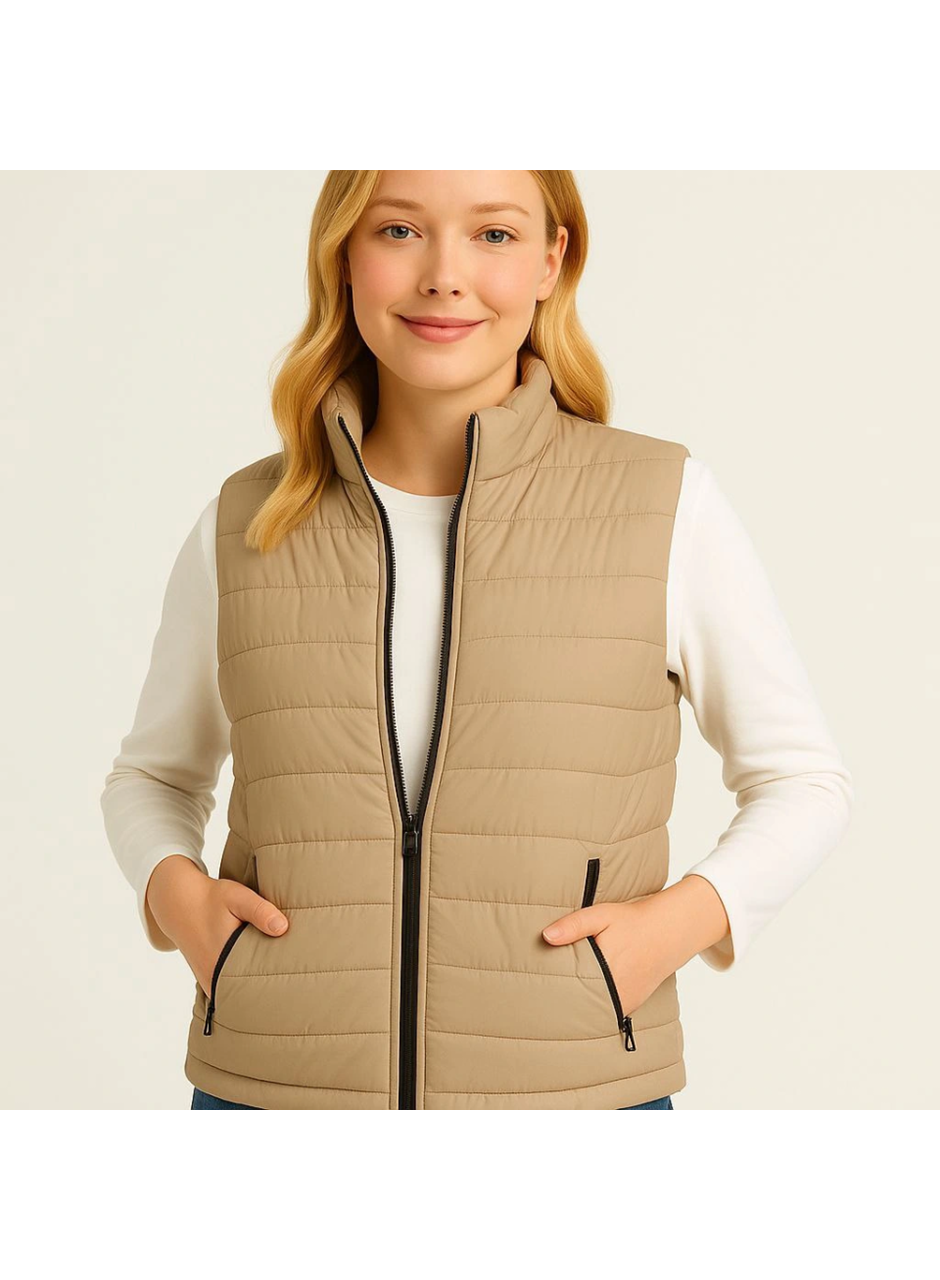 Şişme Fermuarlı Yelek Su Itici Kapitone Astarlı Kumaş Cepli Hafif Kışlık Spor Rahat Kalıp - Bej