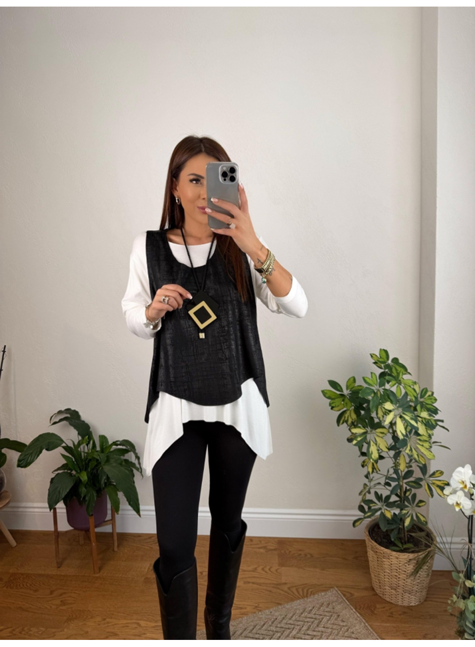 Kadın Siyah Deri Yelekli Kolye Dahil üçlü Takım