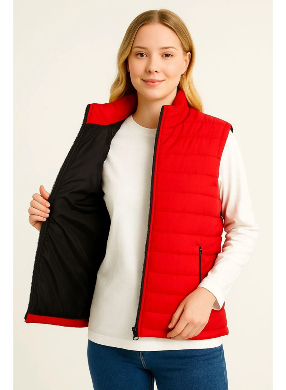 Şişme Fermuarlı Yelek Su Itici Kapitone Astarlı Kumaş Cepli Hafif Kışlık Spor Rahat Kalıp - Kırmızı