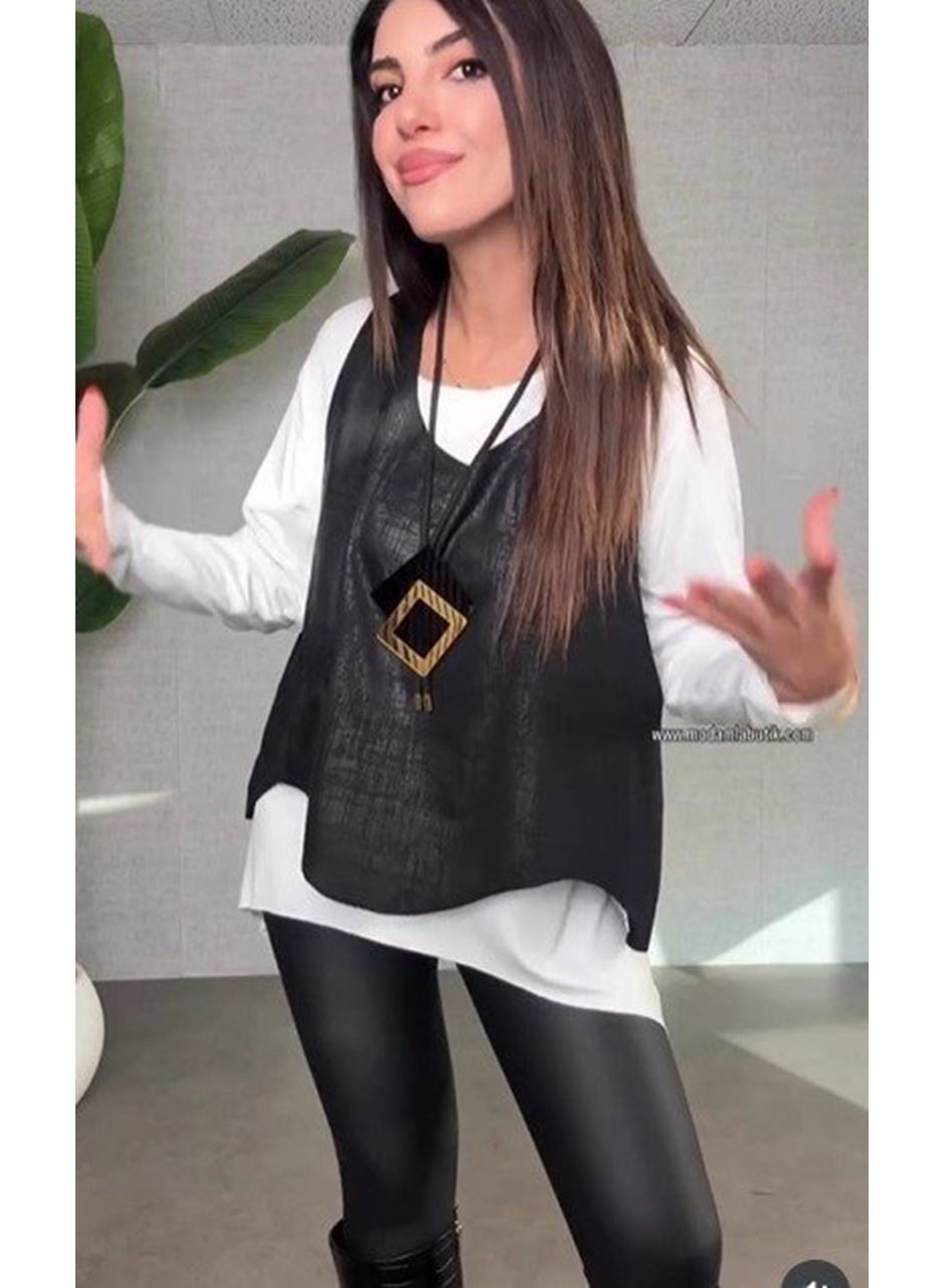 Kadın Siyah Deri Yelekli Kolye Dahil üçlü Takım