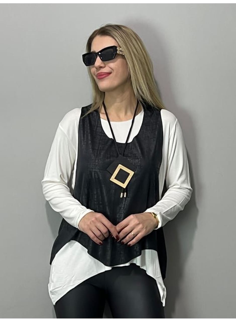 Kadın Siyah Deri Yelekli Kolye Dahil üçlü Takım