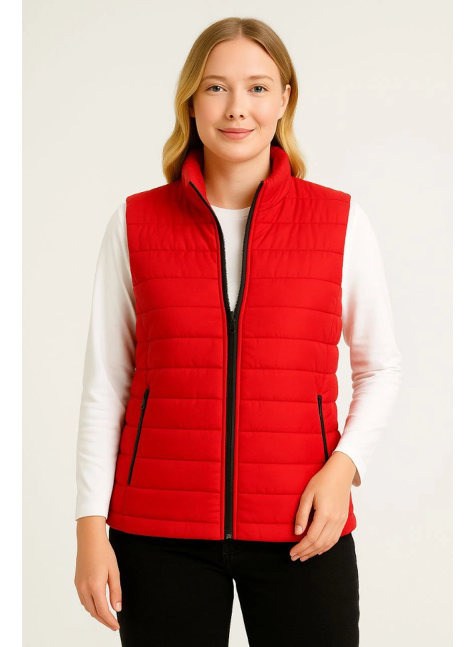 Şişme Fermuarlı Yelek Su Itici Kapitone Astarlı Kumaş Cepli Hafif Kışlık Spor Rahat Kalıp - Kırmızı