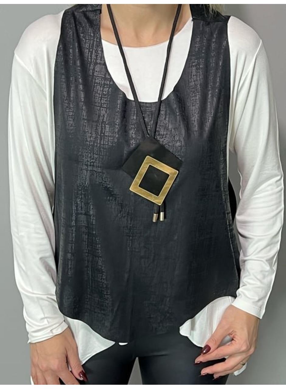 Kadın Siyah Deri Yelekli Kolye Dahil üçlü Takım