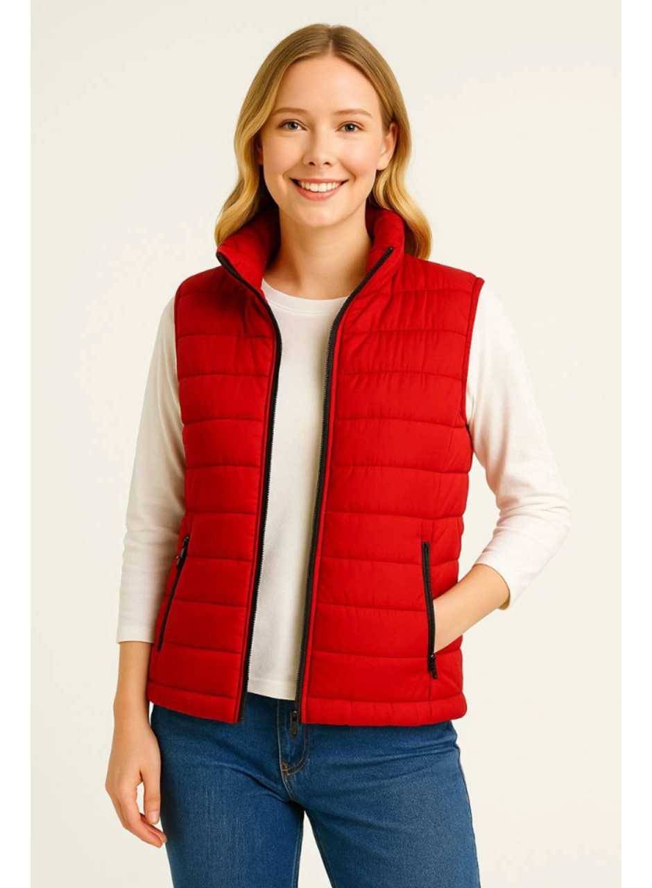 Şişme Fermuarlı Yelek Su Itici Kapitone Astarlı Kumaş Cepli Hafif Kışlık Spor Rahat Kalıp - Kırmızı