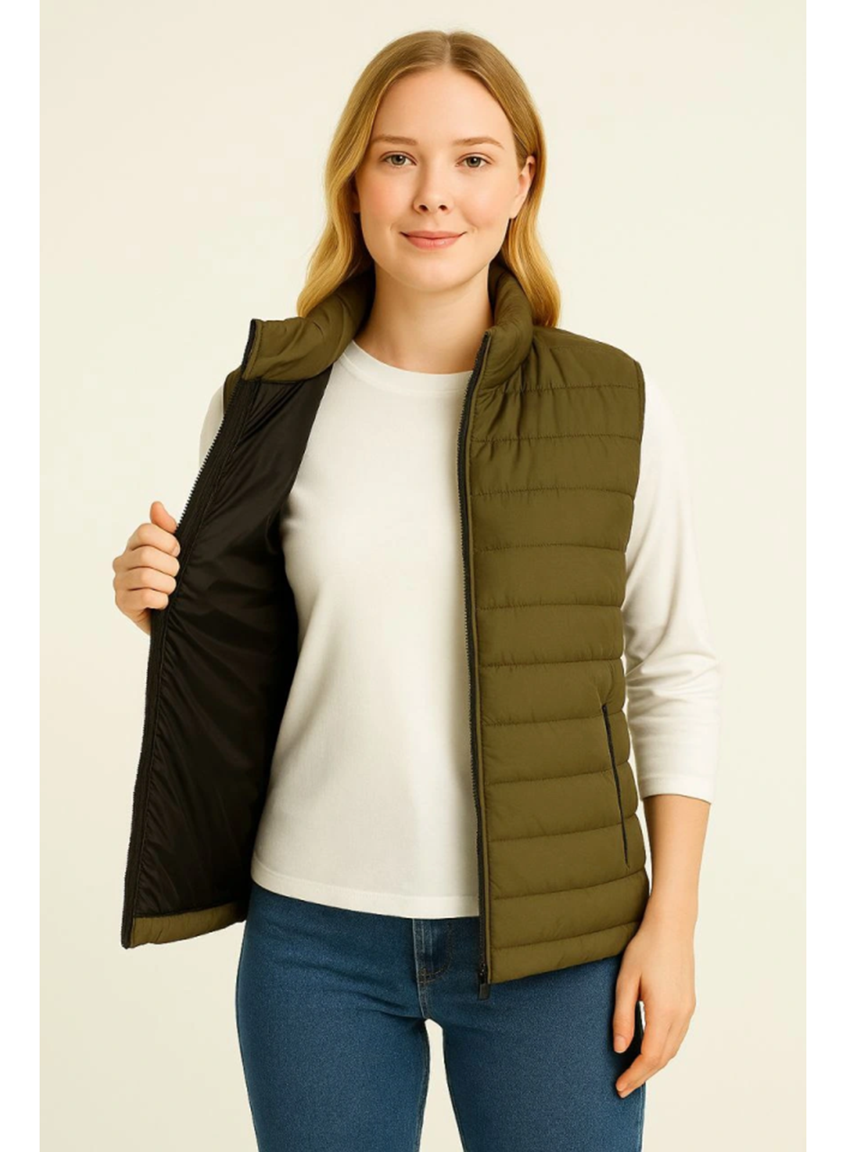 Şişme Fermuarlı Yelek Su Itici Kapitone Astarlı Kumaş Cepli Hafif Kışlık Spor Rahat Kalıp - Haki