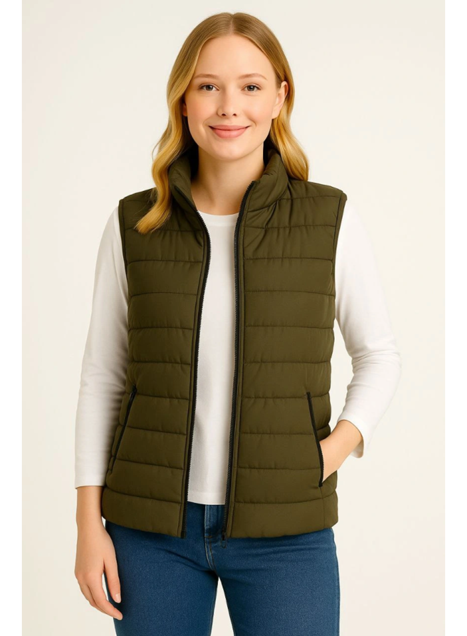 Şişme Fermuarlı Yelek Su Itici Kapitone Astarlı Kumaş Cepli Hafif Kışlık Spor Rahat Kalıp - Haki