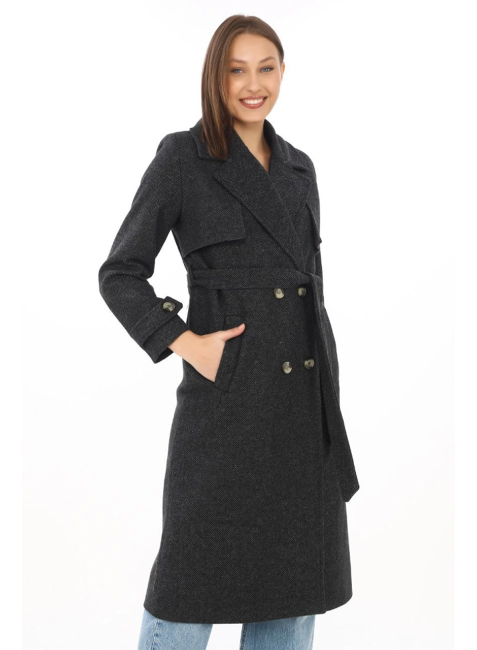 Premium Kaşe Kaban Uzun Boy, Balık Sırtı Yünlü Kaşmir Dokuma, Kruvaze Kuşaklı Astarlı - Siyah