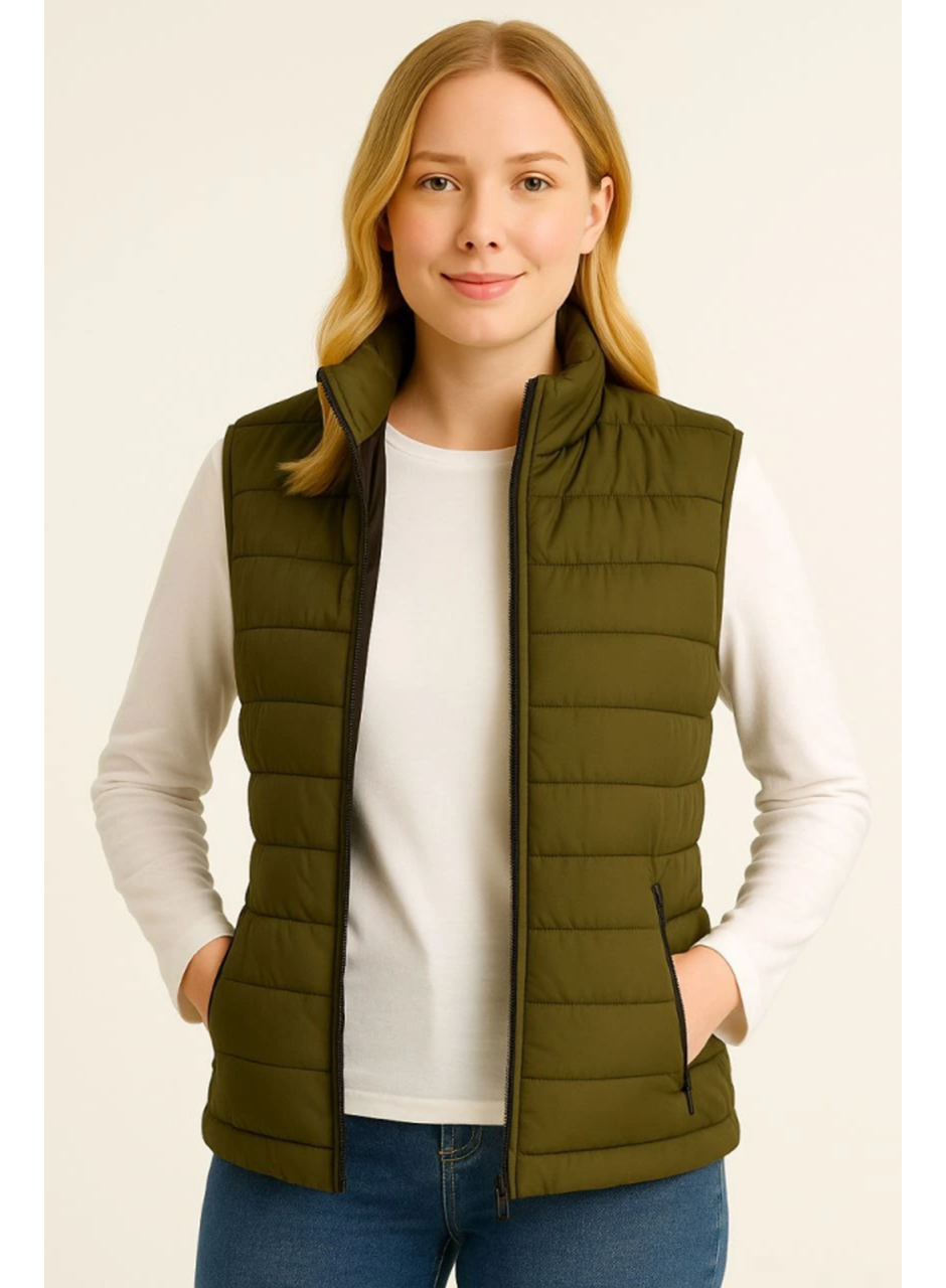 Şişme Fermuarlı Yelek Su Itici Kapitone Astarlı Kumaş Cepli Hafif Kışlık Spor Rahat Kalıp - Haki