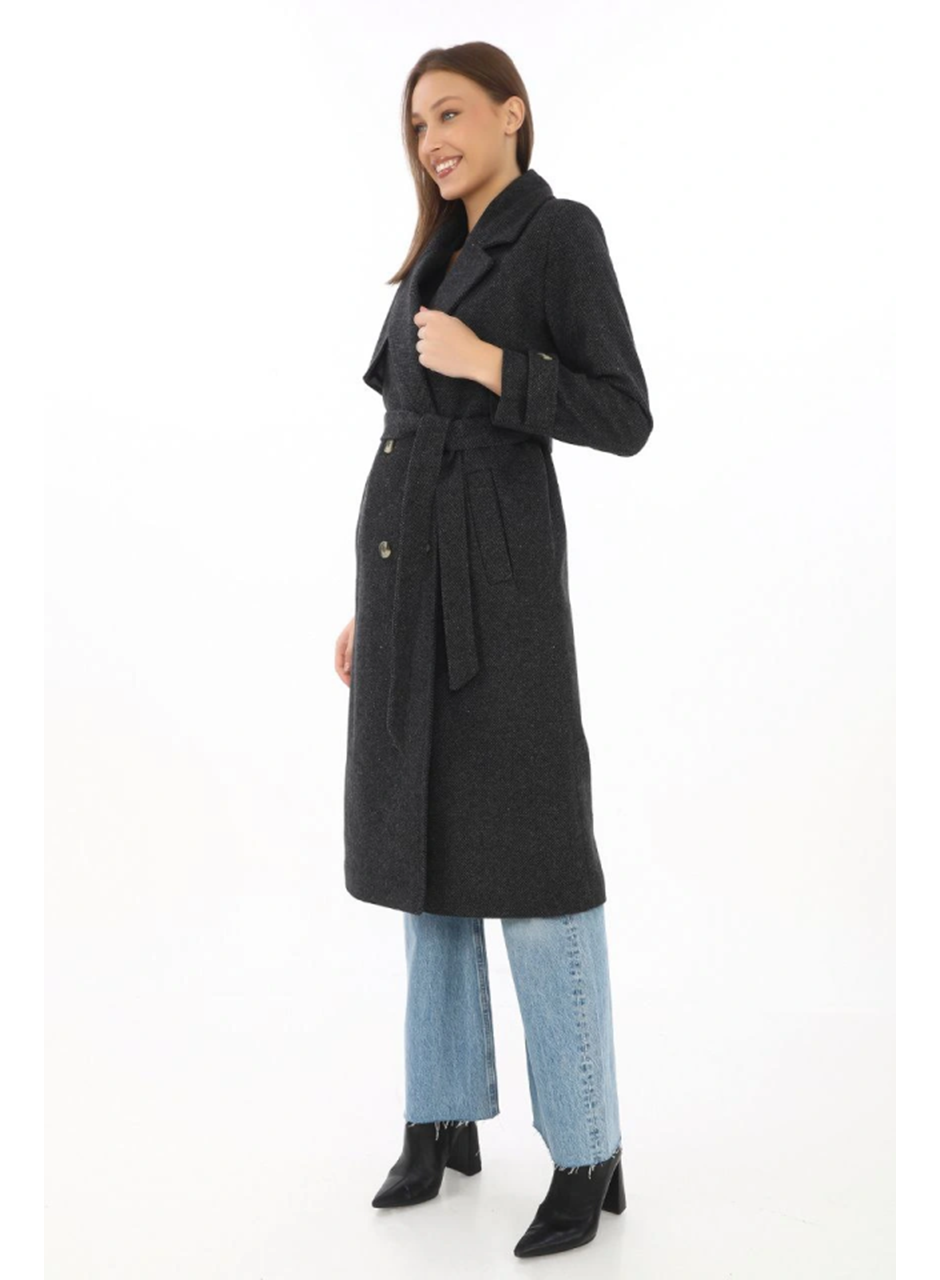 Premium Kaşe Kaban Uzun Boy, Balık Sırtı Yünlü Kaşmir Dokuma, Kruvaze Kuşaklı Astarlı - Siyah