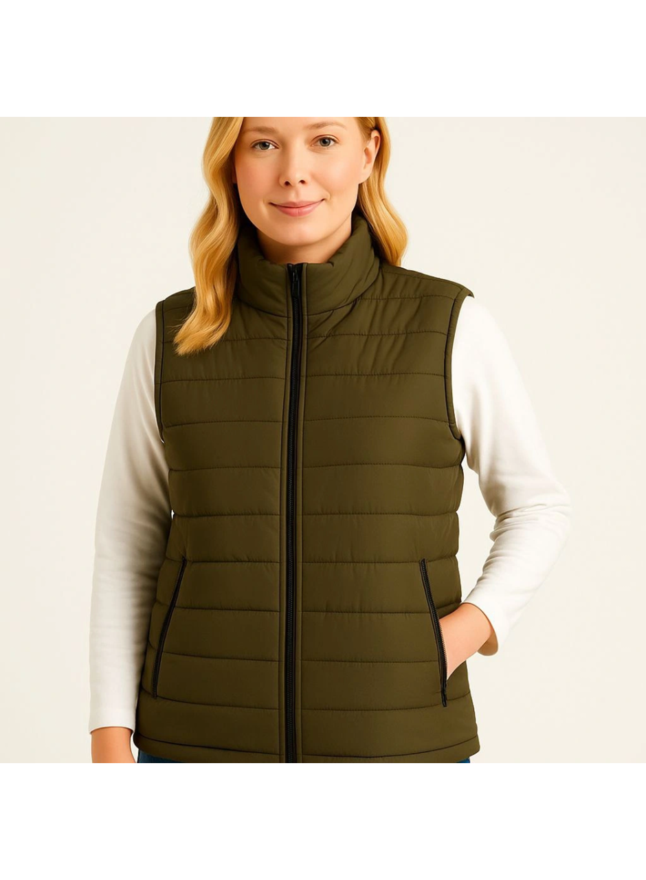 Şişme Fermuarlı Yelek Su Itici Kapitone Astarlı Kumaş Cepli Hafif Kışlık Spor Rahat Kalıp - Haki