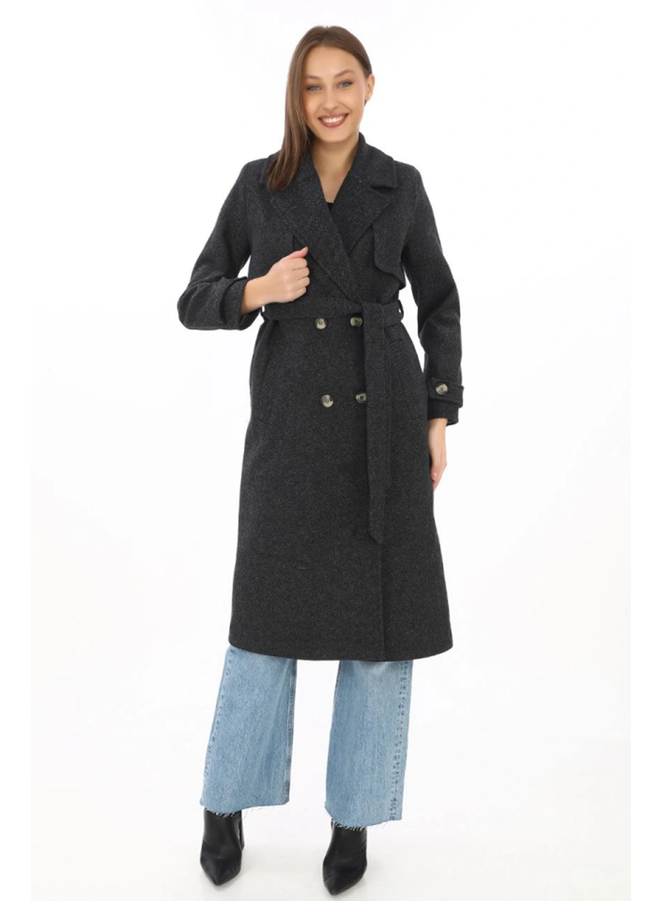 Premium Kaşe Kaban Uzun Boy, Balık Sırtı Yünlü Kaşmir Dokuma, Kruvaze Kuşaklı Astarlı - Siyah