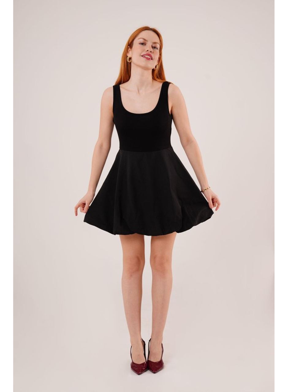 Kalın Askılı Balon Etek Siyah Mini Elbise