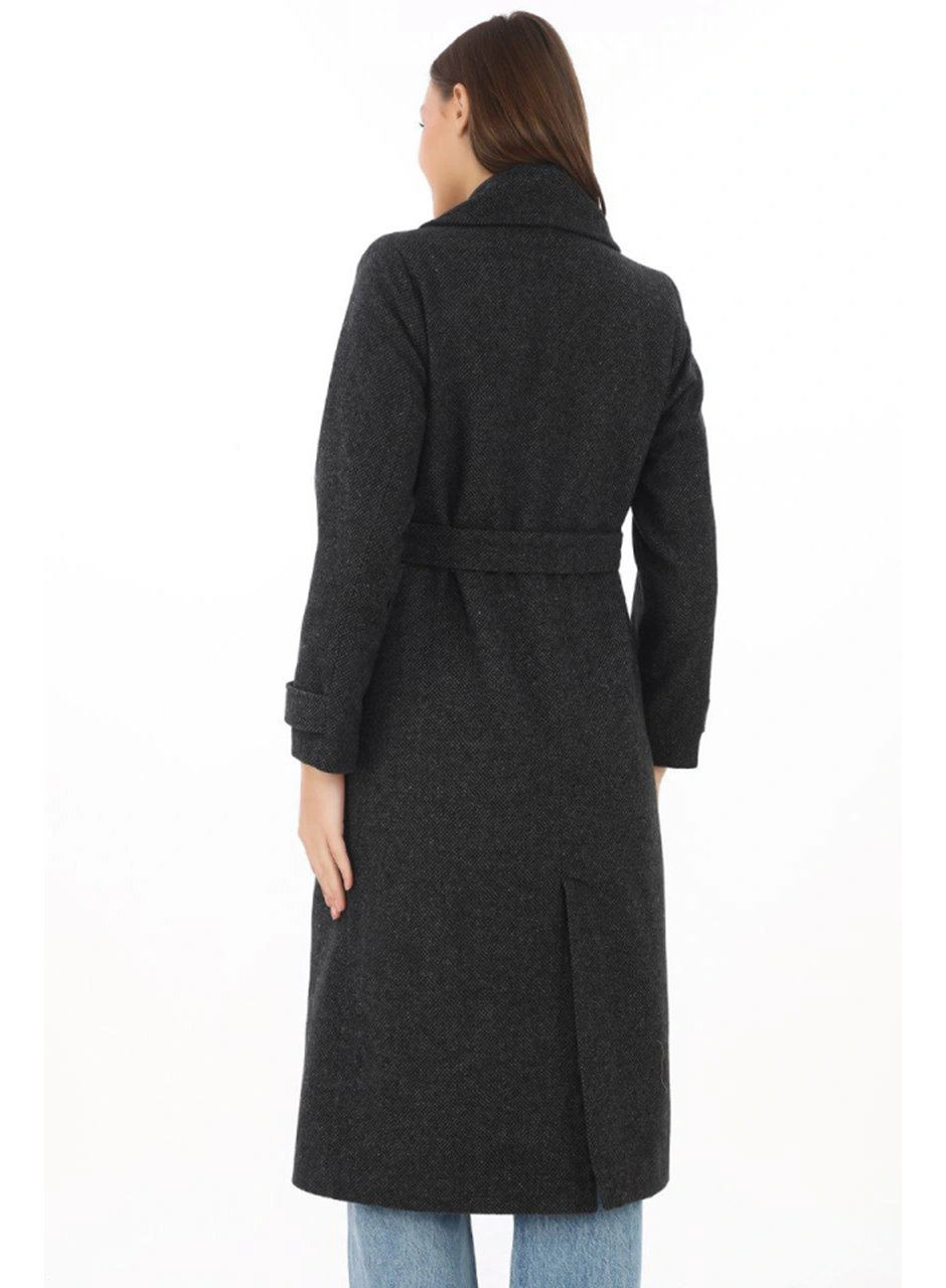 Premium Kaşe Kaban Uzun Boy, Balık Sırtı Yünlü Kaşmir Dokuma, Kruvaze Kuşaklı Astarlı - Siyah