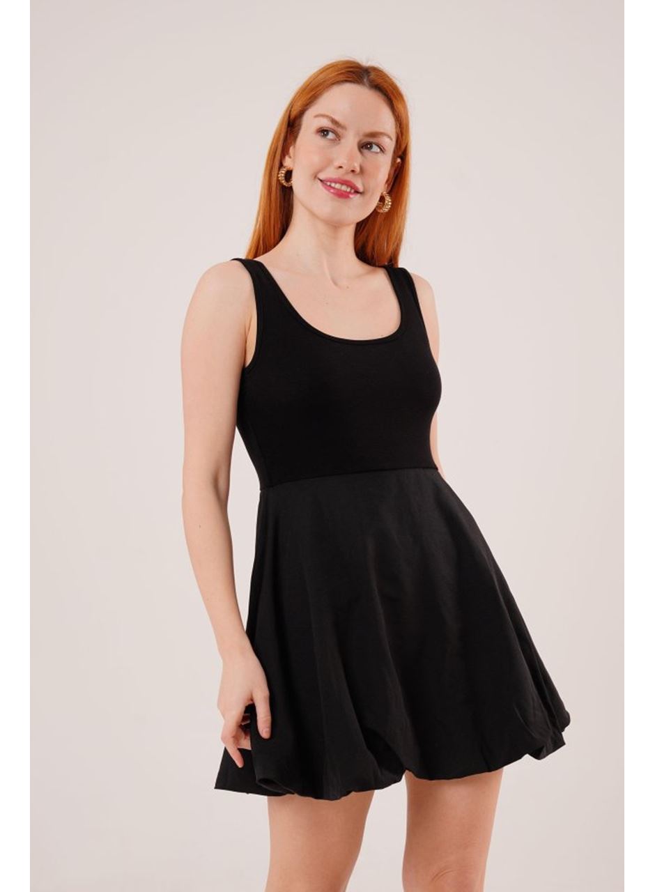 Kalın Askılı Balon Etek Siyah Mini Elbise