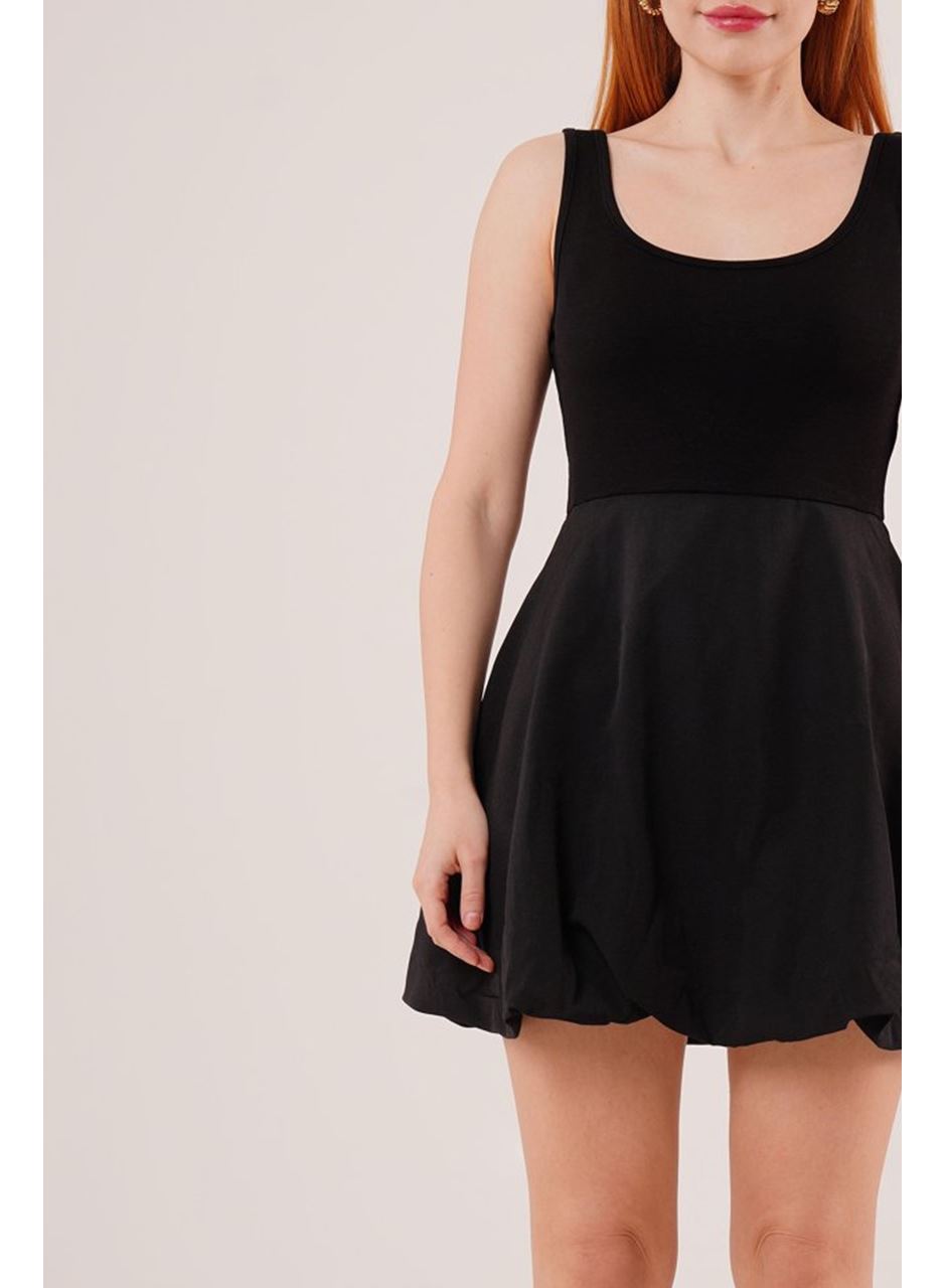 Kalın Askılı Balon Etek Siyah Mini Elbise