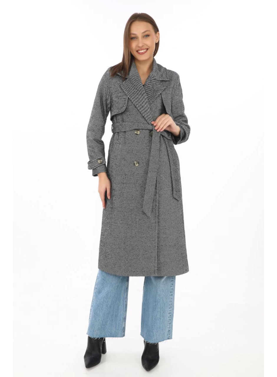 Uzun Kaşe Kaban – Balık Sırtı Dokuma Kaşmir Kumaş, Kruvaze Yaka, Kuşaklı Cepli Model, Oversize Rahat Kalıp - Boyalı Gri