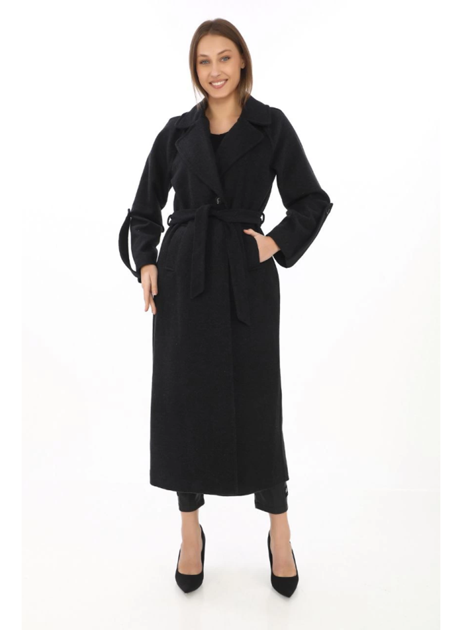 Uzun Kaşe Kaban – Yünlü Dokuma Kaşmir Kumaş, Kruvaze Yaka, Kuşaklı Astarlı Tesettür Uyumlu Şık Kışlık Siyah Model - Siyah