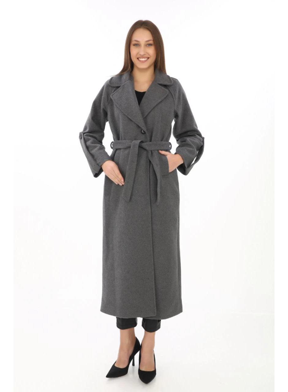 Uzun Kaşe Kaban – Yünlü Dokuma Kaşmir Kumaş, Kruvaze Yaka, Kuşaklı Astarlı Tesettür Uyumlu Şık Kışlık Siyah Model - Füme