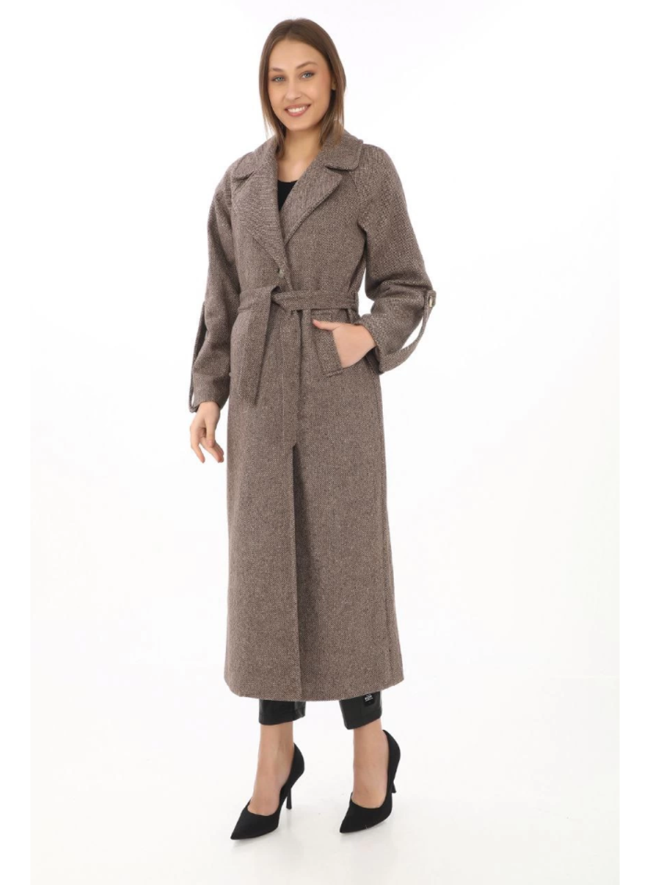 Uzun Kaşe Kaban – Yünlü Dokuma Kaşmir Kumaş, Kruvaze Yaka, Kuşaklı Astarlı Tesettür Uyumlu Şık Kışlık Siyah Model- Vizon