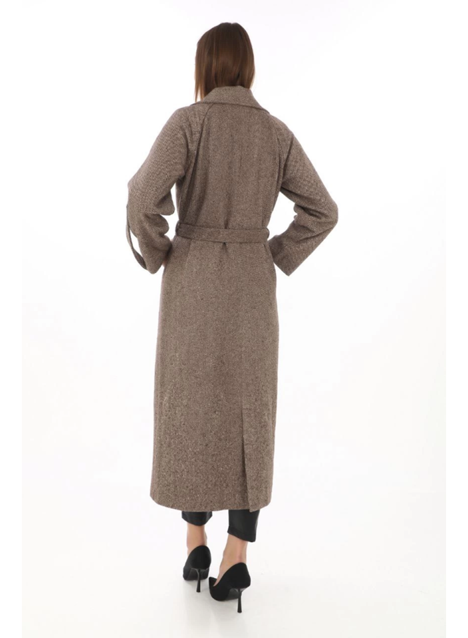 Uzun Kaşe Kaban – Yünlü Dokuma Kaşmir Kumaş, Kruvaze Yaka, Kuşaklı Astarlı Tesettür Uyumlu Şık Kışlık Siyah Model- Vizon