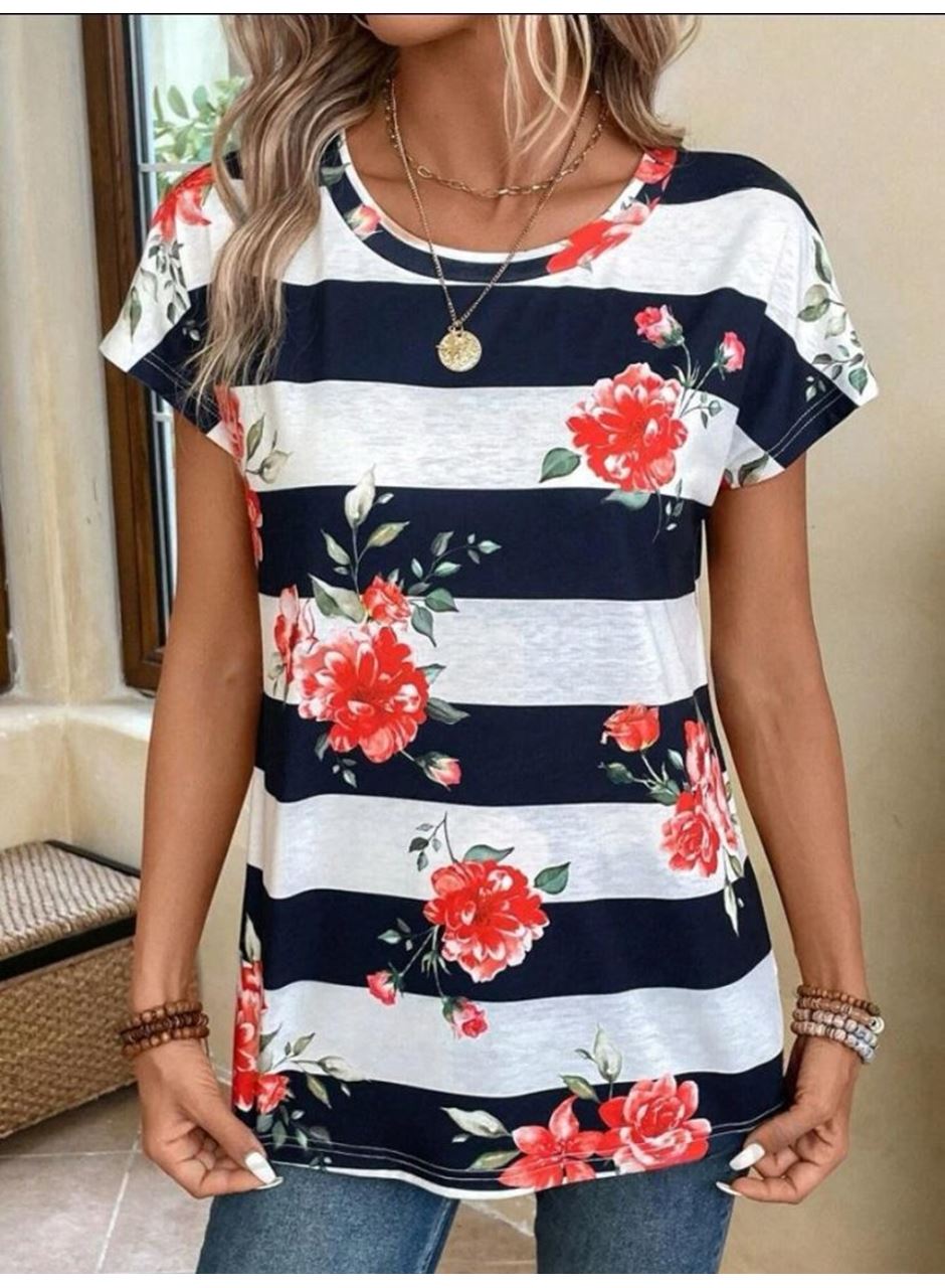 Kadın Çiçek Desenli Yatay Şeritli Bisiklet Yaka Tişört