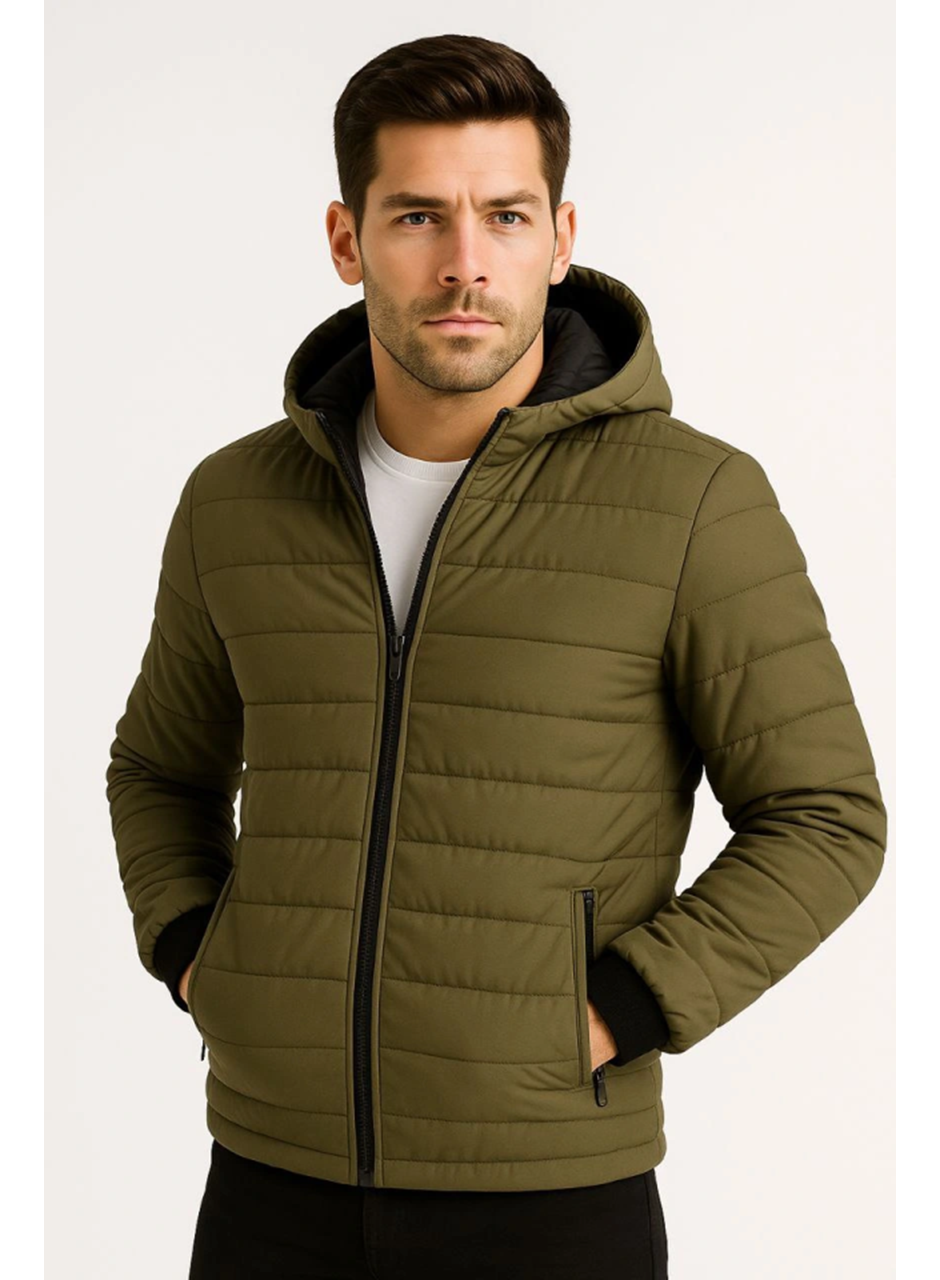 Erkek Şişme Kapüşonlu Fermuarlı Mont Su Itici Kapitone Astarlı Kumaş Cepli Kışlık Rahat Kalıp - Haki