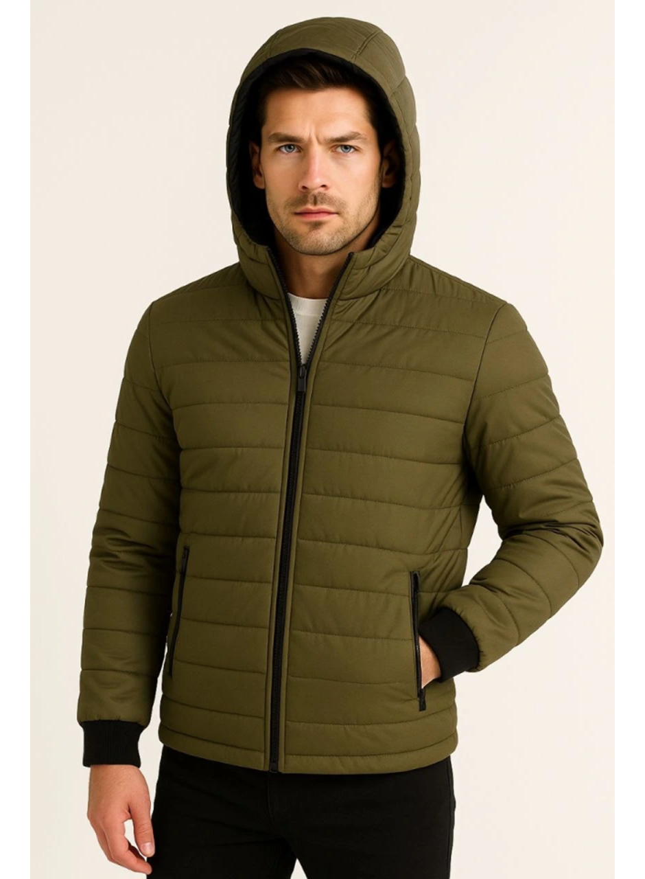 Erkek Şişme Kapüşonlu Fermuarlı Mont Su Itici Kapitone Astarlı Kumaş Cepli Kışlık Rahat Kalıp - Haki