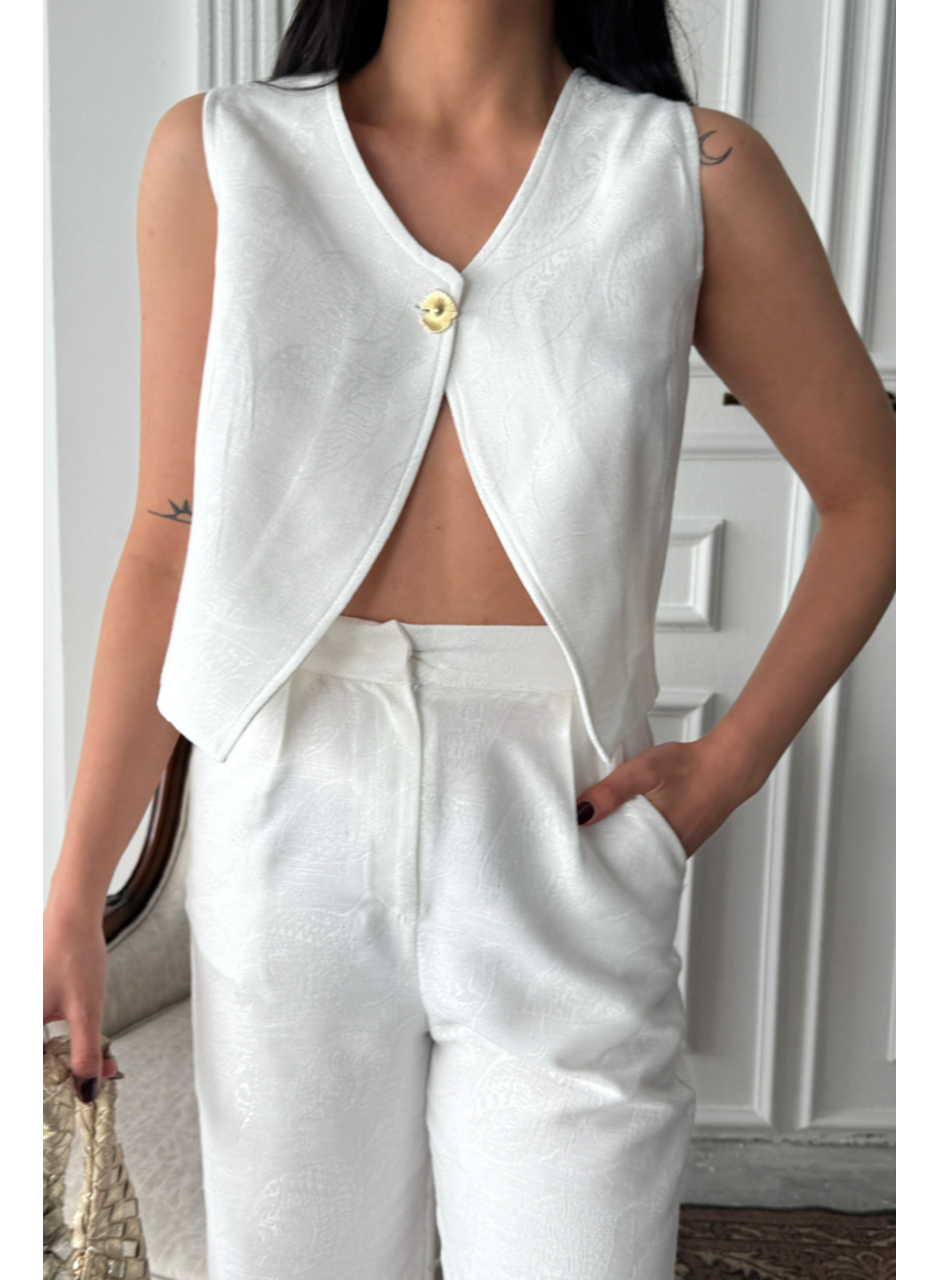 KETEN TEK DÜĞME YELEK-PANTOLON TAKIM - Beyaz