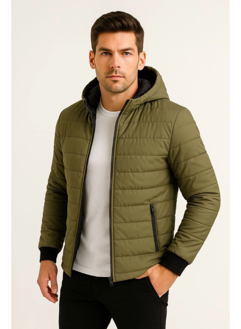 Erkek Şişme Kapüşonlu Fermuarlı Mont Su Itici Kapitone Astarlı Kumaş Cepli Kışlık Rahat Kalıp - Haki