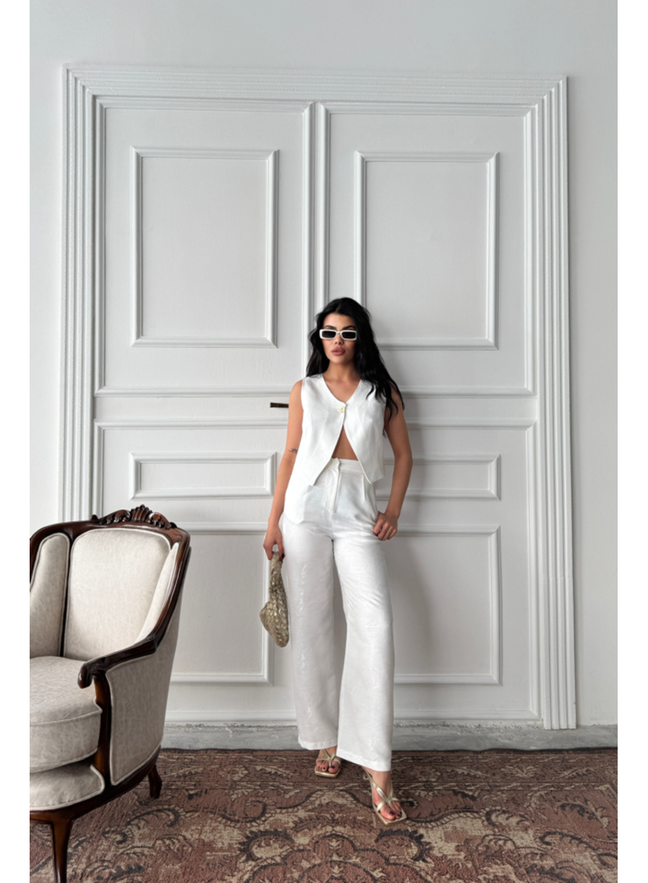 KETEN TEK DÜĞME YELEK-PANTOLON TAKIM - Beyaz