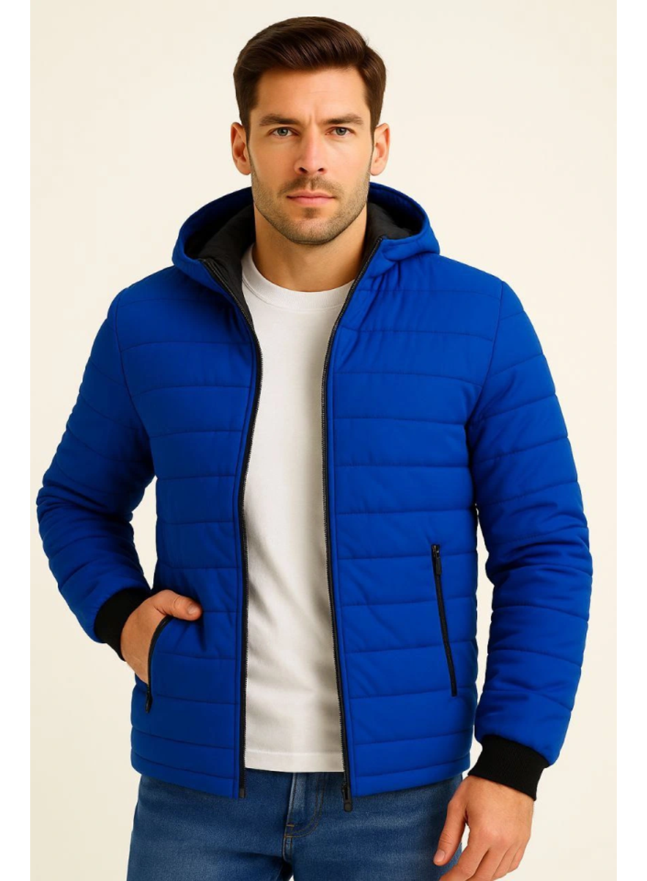Erkek Şişme Kapüşonlu Fermuarlı Mont Su Itici Kapitone Astarlı Kumaş Cepli Kışlık Rahat Kalıp - Saks Mavisi