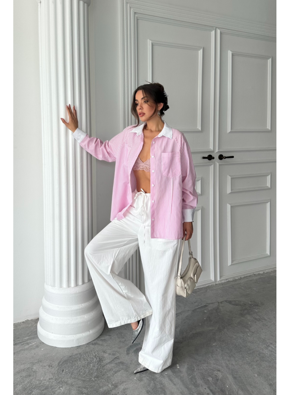 YAKA VE MANŞET BEYAZBOYFRİEND ÇİZGİLİPOPLİN GÖMLEK - Pembe