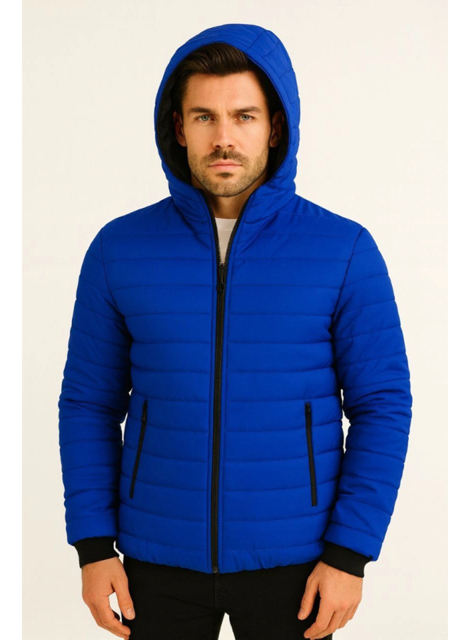 Erkek Şişme Kapüşonlu Fermuarlı Mont Su Itici Kapitone Astarlı Kumaş Cepli Kışlık Rahat Kalıp - Saks Mavisi