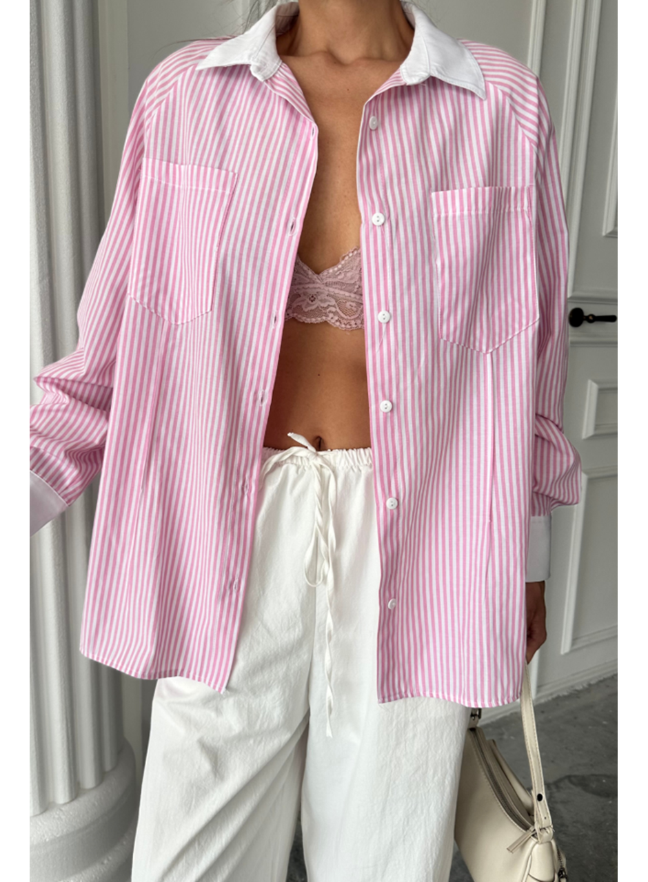 YAKA VE MANŞET BEYAZBOYFRİEND ÇİZGİLİPOPLİN GÖMLEK - Pembe