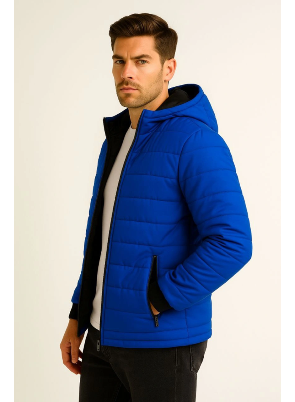 Erkek Şişme Kapüşonlu Fermuarlı Mont Su Itici Kapitone Astarlı Kumaş Cepli Kışlık Rahat Kalıp - Saks Mavisi