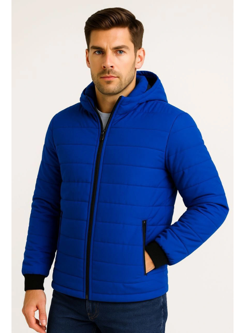 Erkek Şişme Kapüşonlu Fermuarlı Mont Su Itici Kapitone Astarlı Kumaş Cepli Kışlık Rahat Kalıp - Saks Mavisi