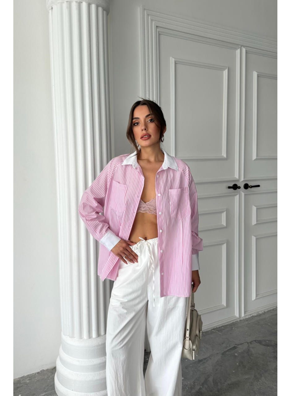 YAKA VE MANŞET BEYAZBOYFRİEND ÇİZGİLİPOPLİN GÖMLEK - Pembe