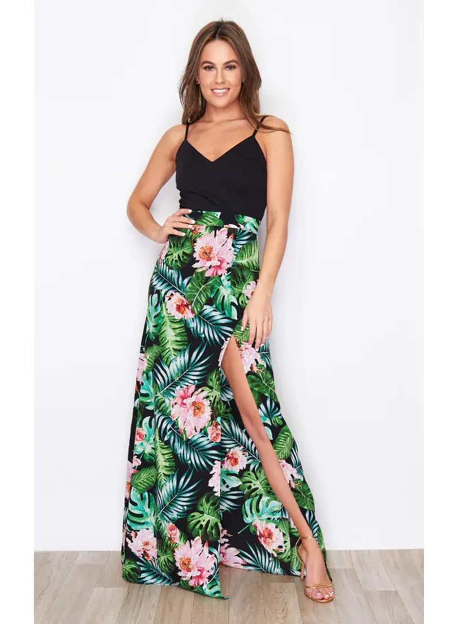 Kadın Askılı V Yaka Eteği Dijital Baskılı çiçek Desenli Yırtmaçlı Mikro Kumaş Elbise