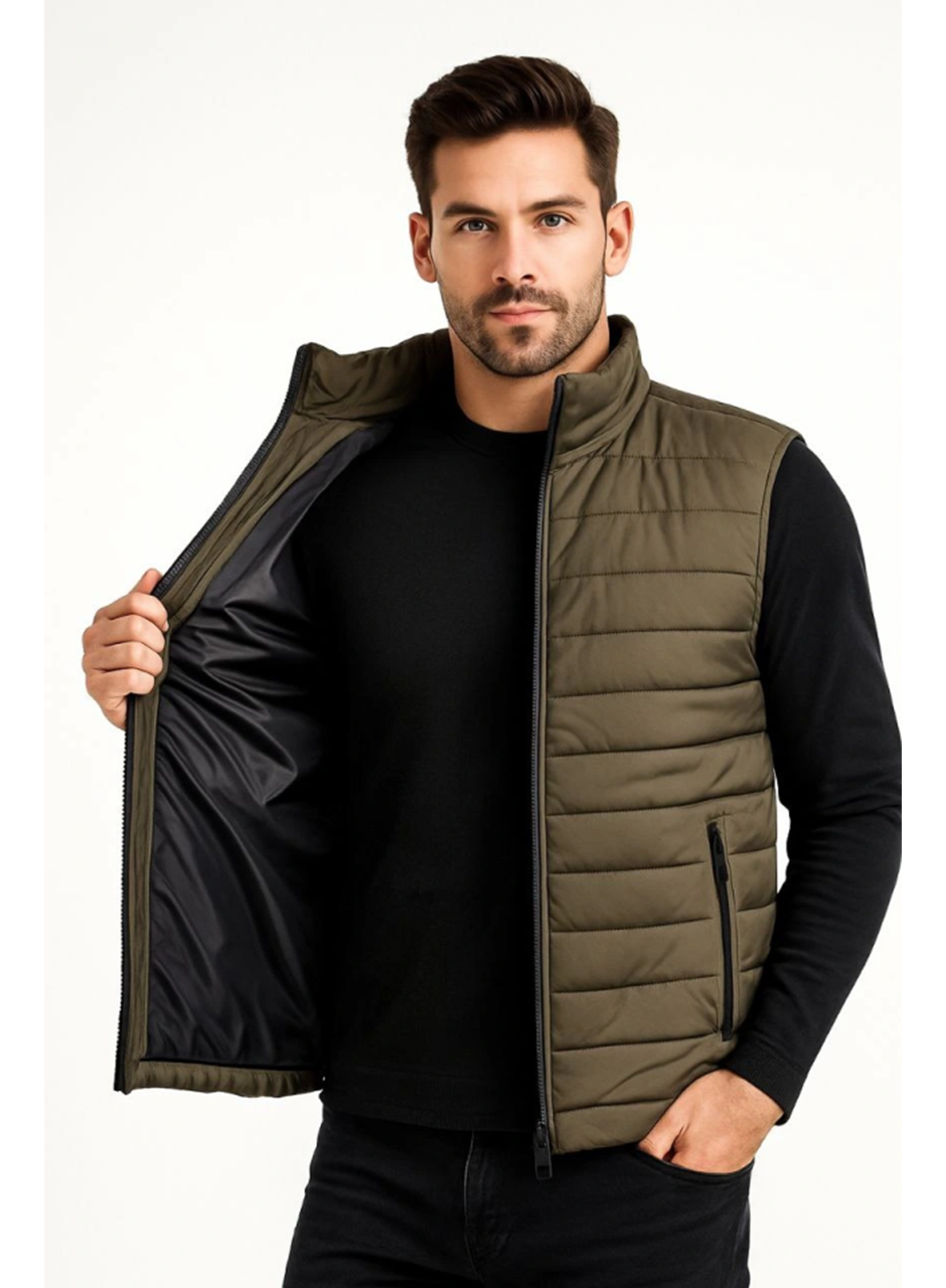 Erkek Şişme Fermuarlı Yelek Su Itici Kapitone Astarlı Kumaş Cepli Hafif Kışlık Spor Rahat Kalıp - Haki