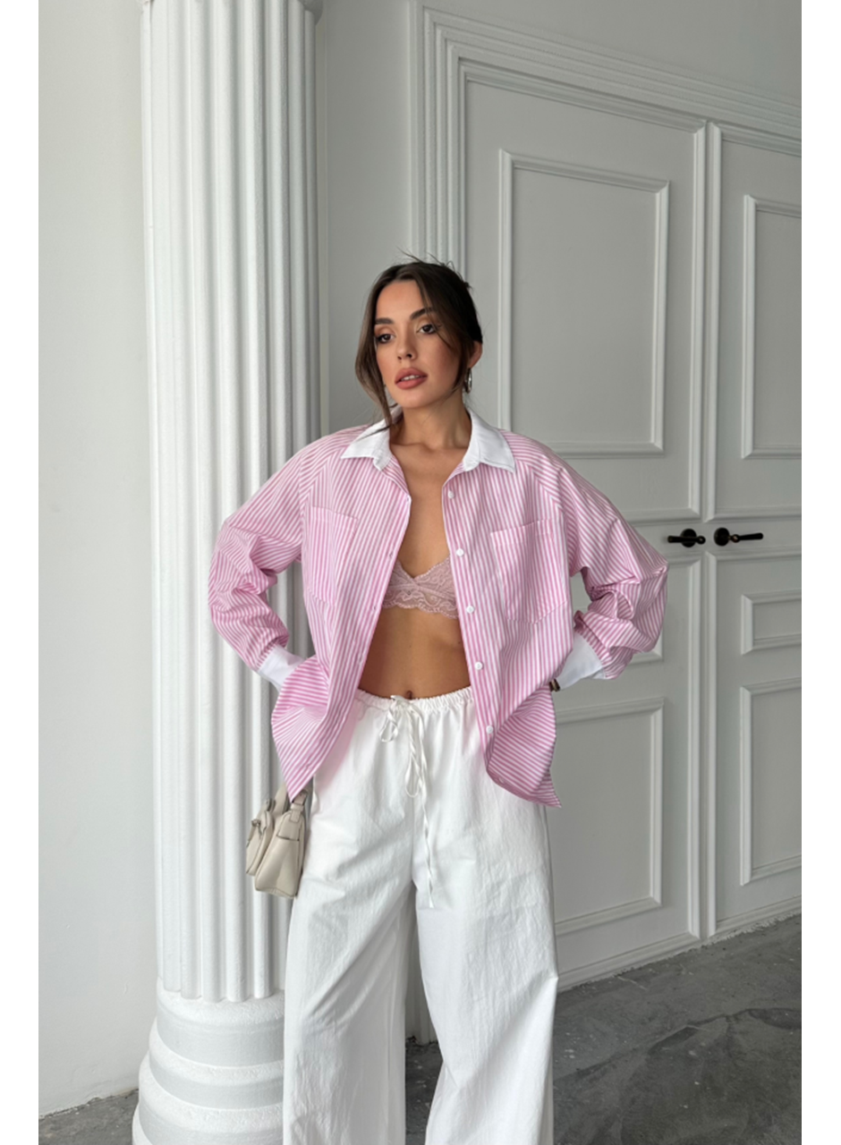 YAKA VE MANŞET BEYAZBOYFRİEND ÇİZGİLİPOPLİN GÖMLEK - Pembe