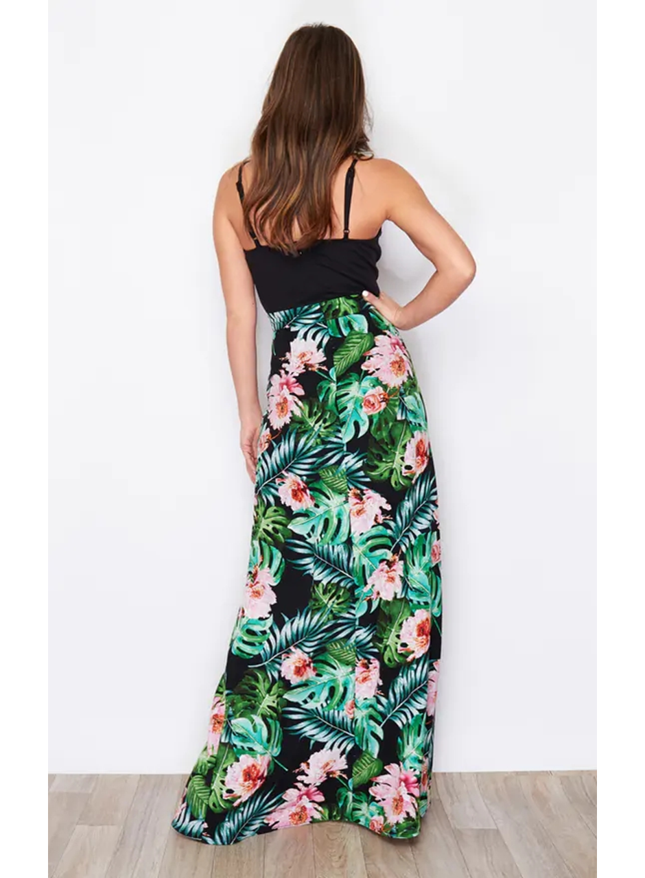 Kadın Askılı V Yaka Eteği Dijital Baskılı çiçek Desenli Yırtmaçlı Mikro Kumaş Elbise