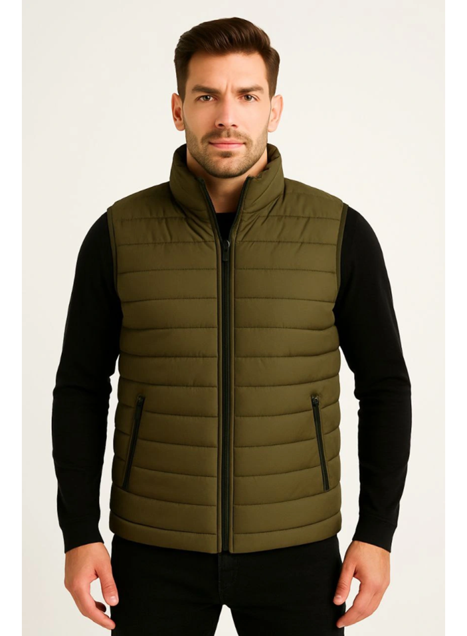 Erkek Şişme Fermuarlı Yelek Su Itici Kapitone Astarlı Kumaş Cepli Hafif Kışlık Spor Rahat Kalıp - Haki