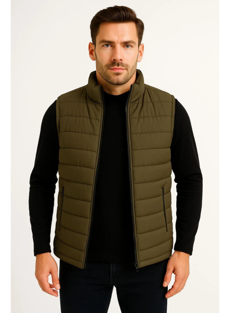 Erkek Şişme Fermuarlı Yelek Su Itici Kapitone Astarlı Kumaş Cepli Hafif Kışlık Spor Rahat Kalıp - Haki