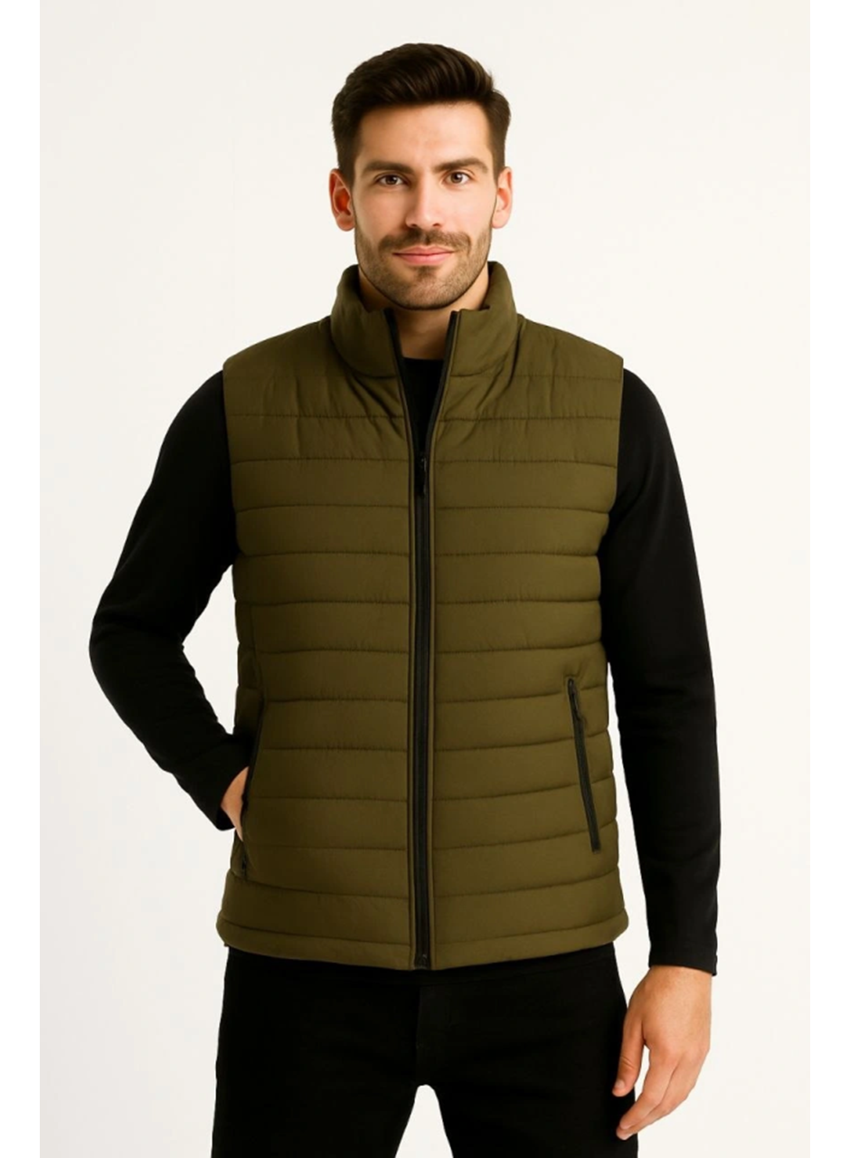 Erkek Şişme Fermuarlı Yelek Su Itici Kapitone Astarlı Kumaş Cepli Hafif Kışlık Spor Rahat Kalıp - Haki