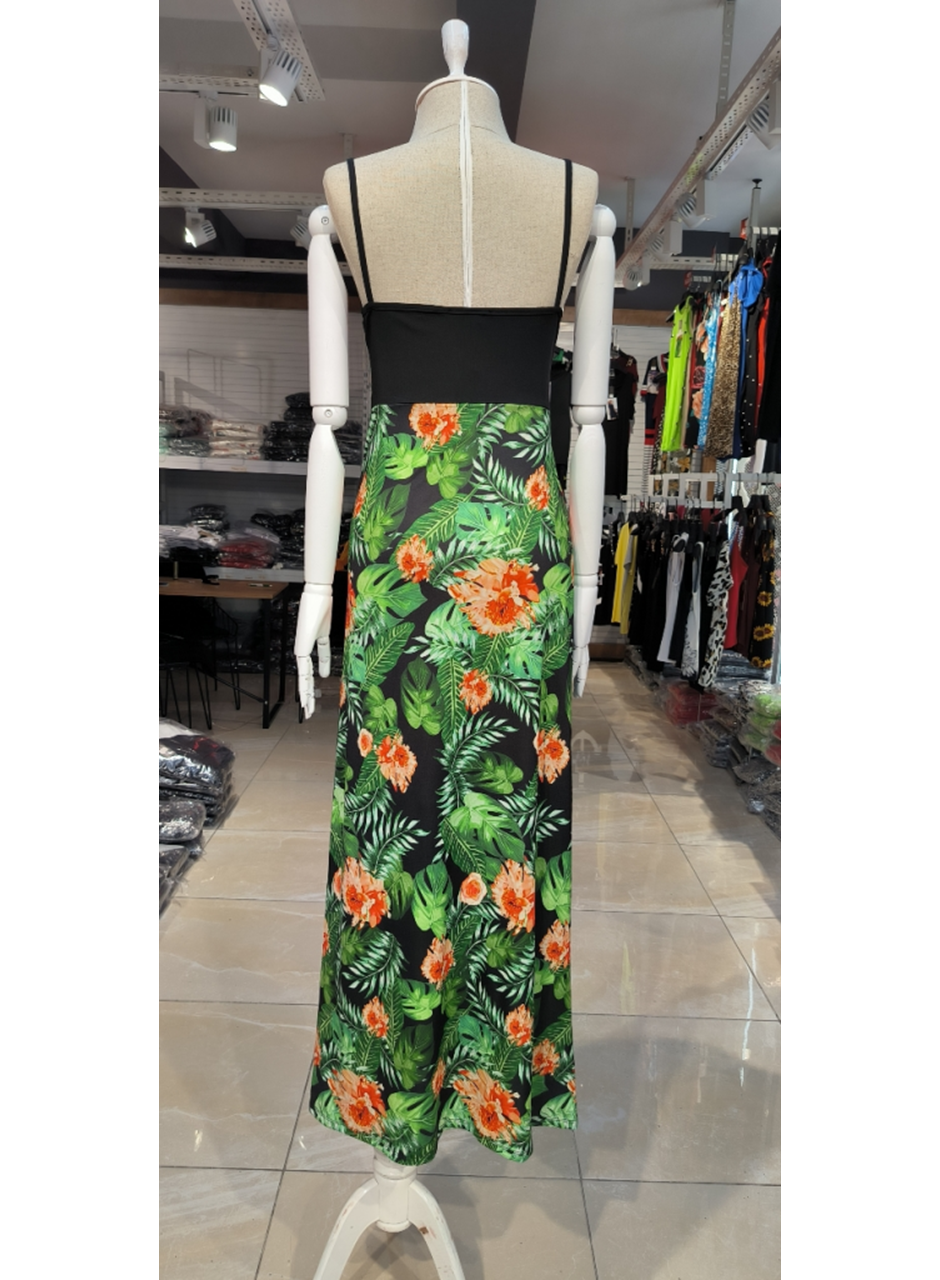 Kadın Askılı V Yaka Eteği Dijital Baskılı çiçek Desenli Yırtmaçlı Mikro Kumaş Elbise