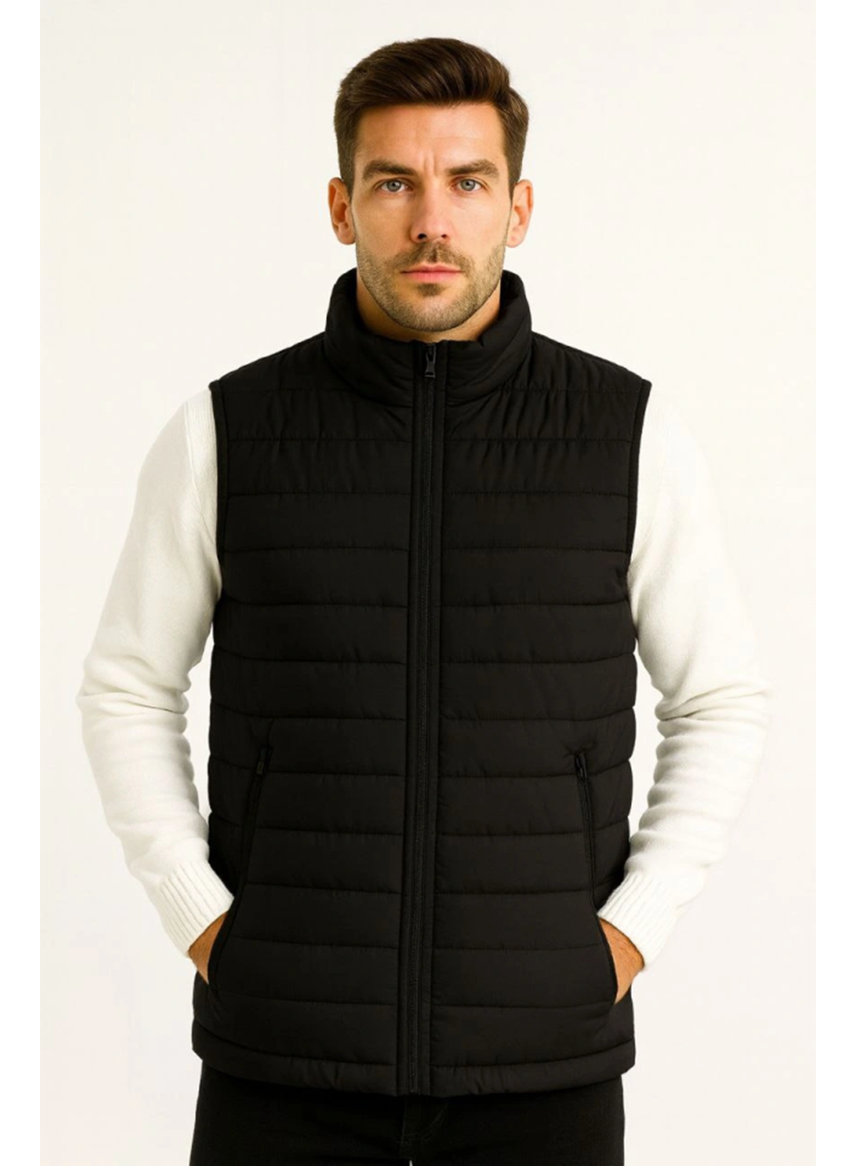 Erkek Şişme Fermuarlı Yelek Su Itici Kapitone Astarlı Kumaş Cepli Hafif Kışlık Spor Rahat Kalıp - Siyah