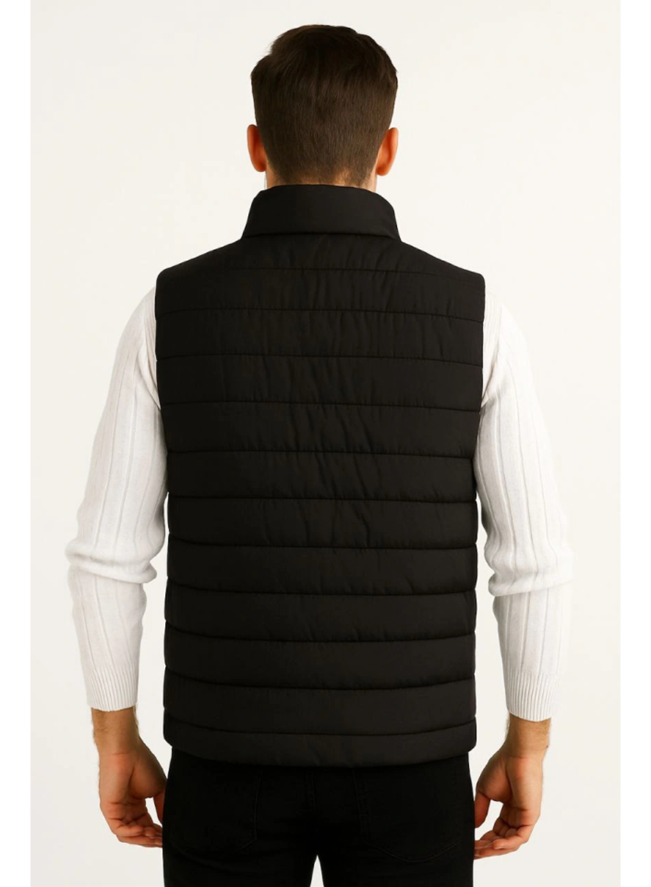 Erkek Şişme Fermuarlı Yelek Su Itici Kapitone Astarlı Kumaş Cepli Hafif Kışlık Spor Rahat Kalıp - Siyah