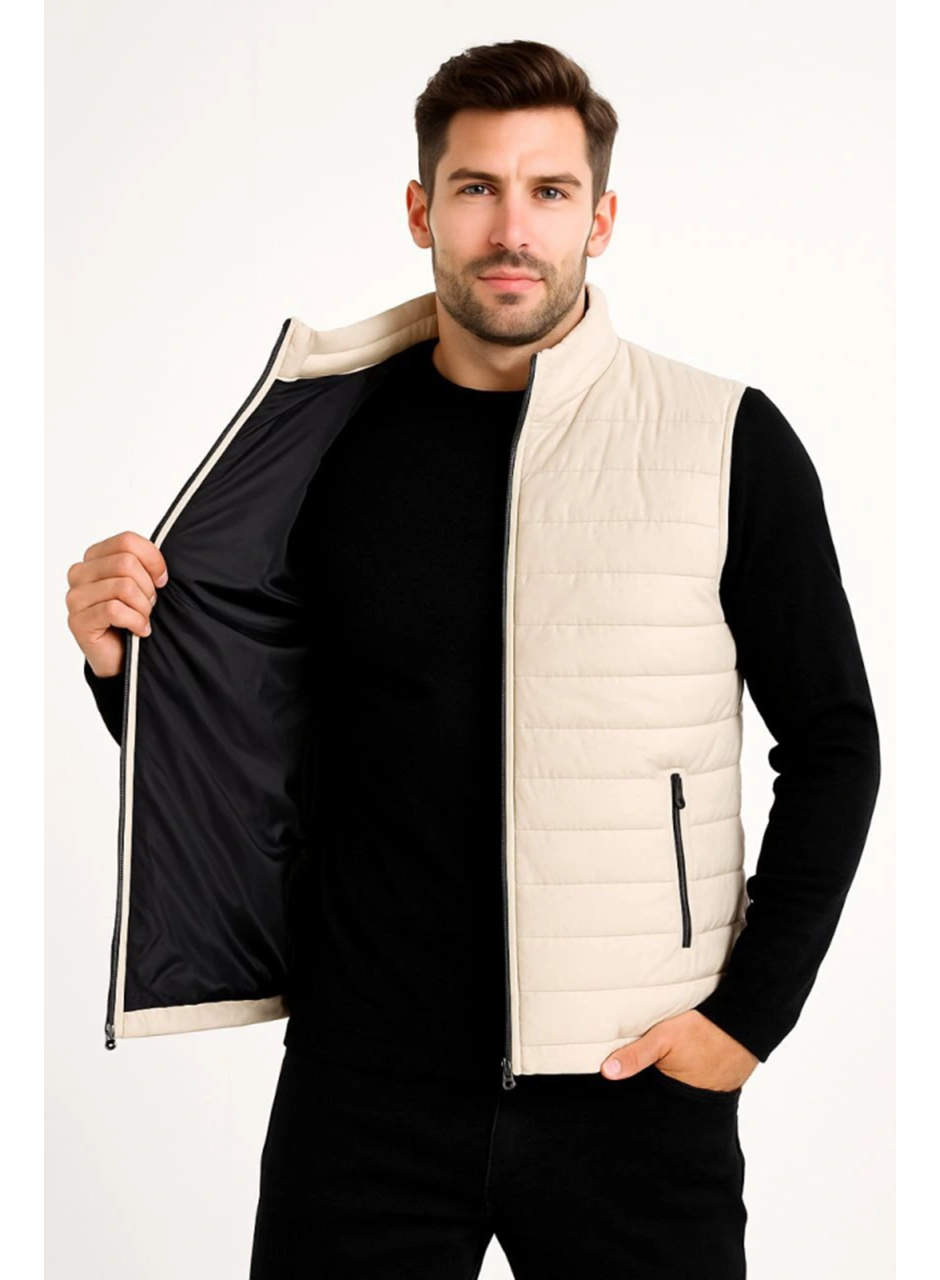 Erkek Şişme Fermuarlı Yelek Su Itici Kapitone Astarlı Kumaş Cepli Hafif Kışlık Spor Rahat Kalıp -Bej